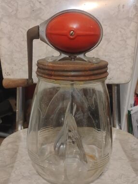 Manual Glass Butter Churn with Red Top and Wooden Handle